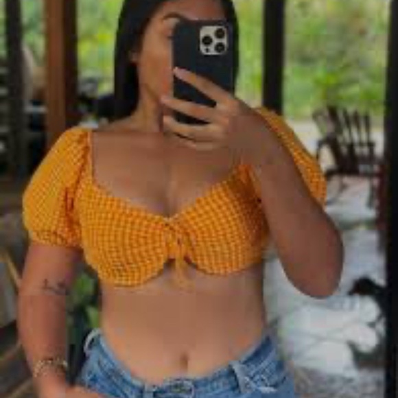 Wild Fable Yellow Check Puff Sleeve Crop Top - Picture 1 of 6